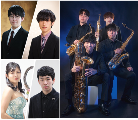 【左上】二瓶兄弟(二瓶諄也／二瓶伸夫)、【左下】長谷川紗耶／田中健太郎、【右】Lily Saxophone Quartet